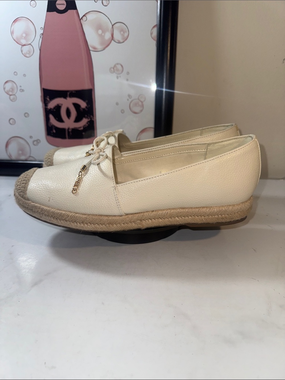 Guess Cream Leather Espadrille Loafers with Gold Guess Charm - Women’s Size 9.5M